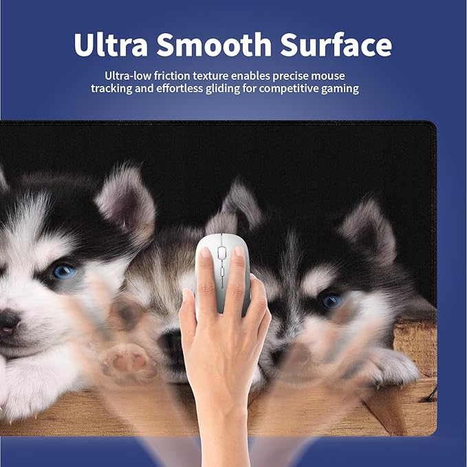 Wknoon. Extra Large Gaming Mouse Pad (31.5" x 11.8") with Durable Stitched Edges – Adorable Siberian Husky Puppies in Wooden Crate, Anti-Slip Rubber Base & Smooth Fabric Surface Extended XXL Desk Mat
