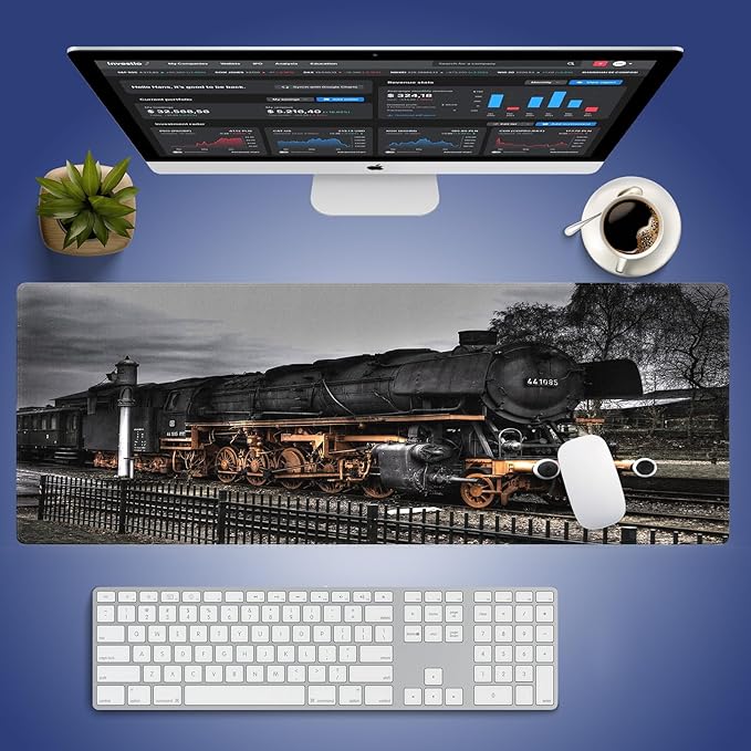Wknoon. Extra Large Gaming Mouse Pad (31.5" x 11.8") with Durable Stitched Edges – Vintage Steam Locomotive Old Train at a Railway Station, Anti-Slip Base & Smooth Fabric Surface Extended XXL Desk Mat