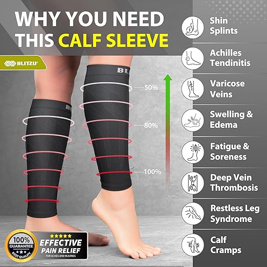 BLITZU 3 Pairs Calf Compression Sleeves for Men and Women. Footless Compression Socks & Leg Support for Running, Travel, Nursing, Fitness. Shin Splints Pain Relief & Reduce Swelling Black 4XL