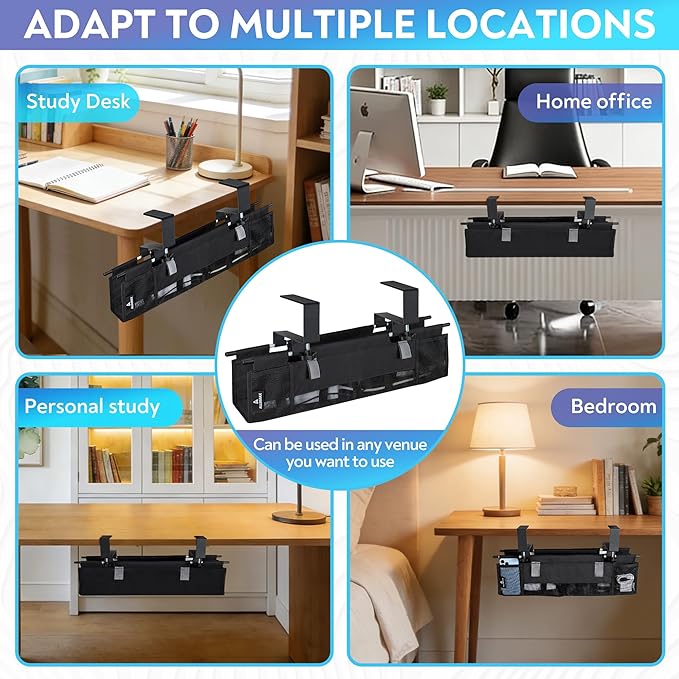 Under Desk Cable Organizer with Mesh Slot for Ventilation, Quick Mount with Clamp or Screws to Hold Fabric Cable Tray, Kit for Tidy Cord & Wire Management for Home Office Standing Desk