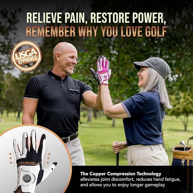 Copper Tech Golf Gloves Men Right Handed Golfer Or Left Handed Golfer (2 Pack) | Copper Compression Joint Support with Flexible & Comfortable Fit | AAA Leather Construction & Tacky Silicone Pad