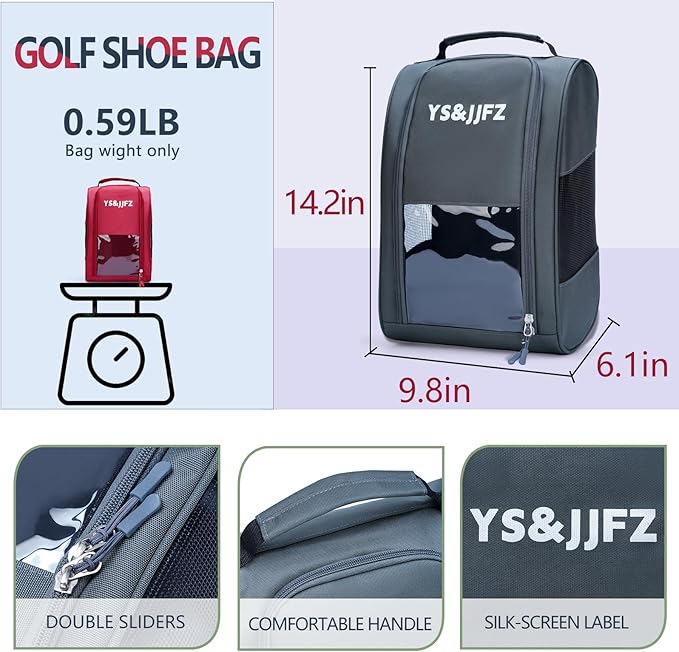 YS&JJFZ Golf Shoe Bag, 2 Pcs Golf Shoes Bag Men/Women Outdoor Zippered shoe bags for travel Tote with Ventilation, 2-sided breathable mesh fabric, front transparent visible film