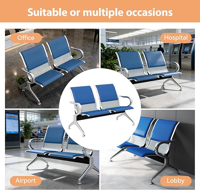 Kinfant 4-Seat Waiting Room Chairs with Arms – Heavy-Duty Steel Frame PU Leather Back & Cushioned Seat, Ergonomic Office Reception Guest Chair for Lobby, Clinic, Airport, Blue