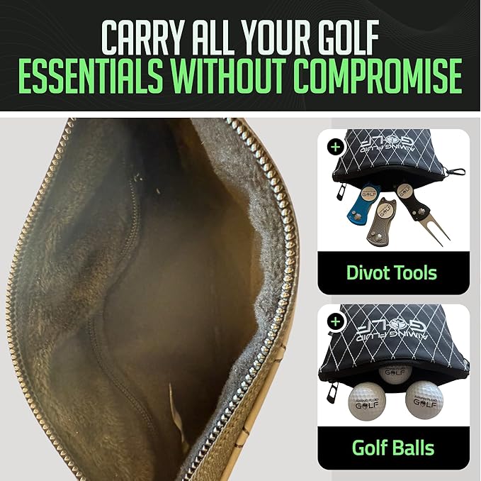 Premium Leather Golf/Travel Valuables Pouch – Luxury Zippered Utility Bag I Diamond Stitching I 360° Swivel Clip I Soft Interior for Golf Accessories & Travel Essentials (Grey)