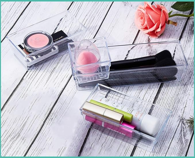 DCA 72 PCS Clear Plastic Drawer Organizers Set, 4-Size Versatile Bathroom and Vanity Organizer Trays, Storage Containers for Makeup, Jewelries, Bedroom，Kitchen Utensils and Office