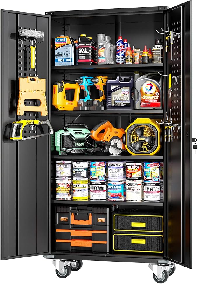 Greenvelly Metal Storage Cabinet with Wheels, Lockable 72" Black Metal Garage Cabinets with 2 Doors and 4 Adjustable Shelves, Rolling Steel Tool Cabinet for Garage, Home Office, School