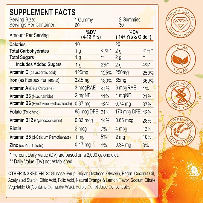 Iron Supplement Gummies, 65mg Iron and 250mg Vitamin C for Women Men Kids, Natural Vegan with Vitamin A, B-Complex, Biotin, Zinc & Folate Energy Support & Immune Health, 60 Count