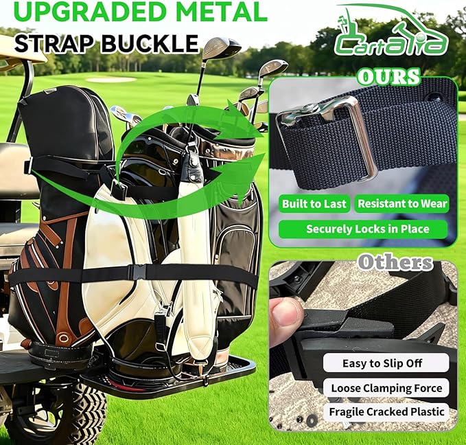 Golf Cart Bag Holder Bracket Upgraded Metal Attachment for 2+2 Rear Seat with 1 Inch Square Rail Golf Cart, No Drilling Required Golf Bag Rack for EZGO Club Car Yamaha Included All Hardware