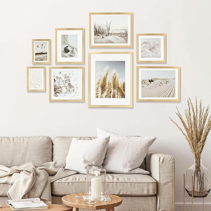 ArtbyHannah Gallery Wall Frame Set, 8 Pack Picture Frames Collage Wall Decor with Neutral Pampas Grass Art for Living Room, Assorted Size Including 11"x14", 8"x10", 5"x7"(Gold Frame)