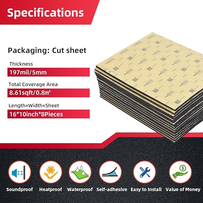 197mil 8.61sqft Car Sound Deadening Material Mat - Automotive Carpet Sound Dampening, Auto Sound Deadener Foam RV Insulation Car Audio Accessories, Heat Insulation for Floor, Door, Truck