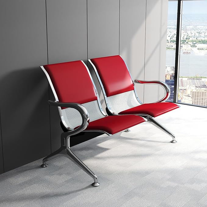 Kinfant 8-Seat Waiting Room Chairs with Arms – Heavy-Duty Steel Frame PU Leather Back & Cushioned Seat, Ergonomic Office Reception Guest Chair for Lobby, Clinic, Airport, Red