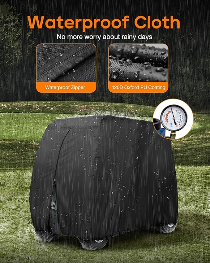 Golf Cart Cover 2 Passenger Heavy Duty, 420D Waterproof Golf Cart Covers Extended Roof Compatible with EZ GO Club Car Yamaha Golf Carts, Outdoor Dustproof 2 Seat Club Car Cover (Up to 95 Inch)