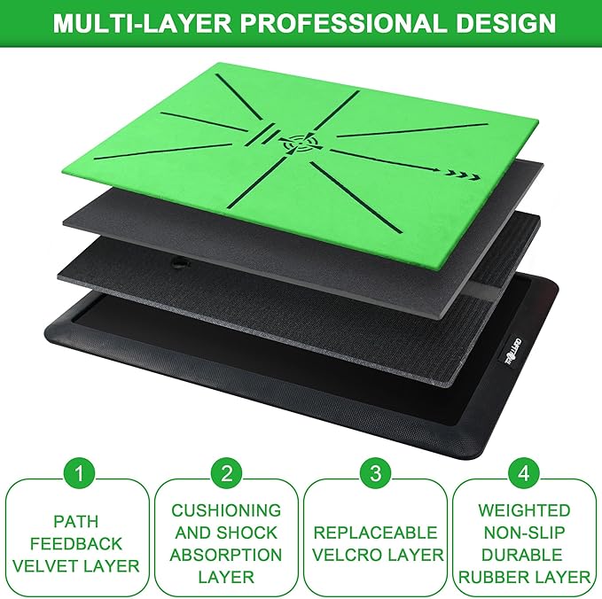 Golf Hitting Mat Golf Training Accessories for Swing Path Feedback 16.5"x12.5" with Replaceable Velvet Mat Practice Trainer Matt for Men Women Kids