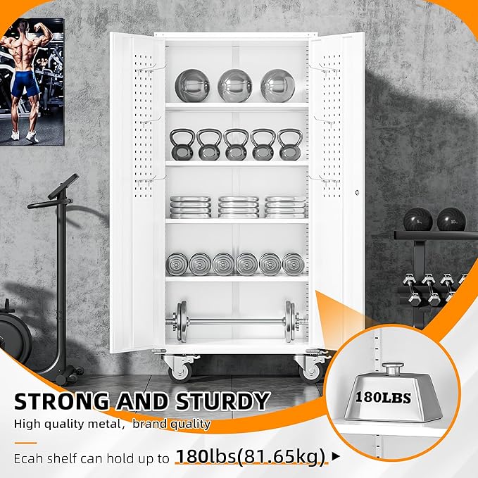 INTERGREAT Rolling Metal Cabinet with Wheels, 75" H Rolling Metal Cabinets with Pegboard, 18" D x 36" W Large Capacity Pulley Cabinet with Adjustable Shelves for Home Office, School, Garage(White)