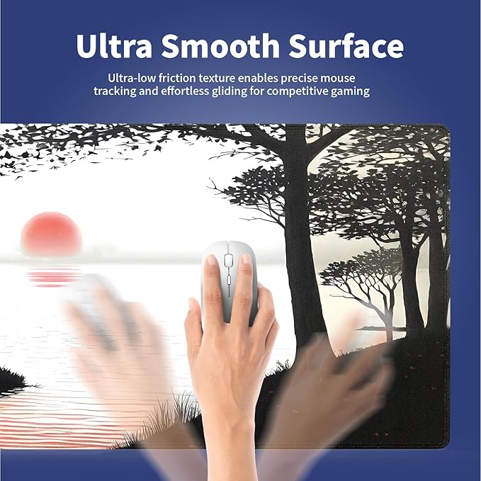 Extended XXL Gaming Mouse Pad with Stitched Edges for PC Home & Office - Mystic Glassy Lake Sunrise Views Dawn Breaks Misty Nature Landscape, Smooth Fabric Surface Anti-Slip Base Large Desk Mat