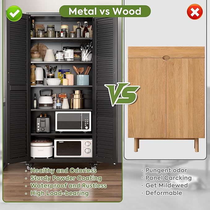 SUXXAN Garage Storage Cabinet with Wheels Pegboard and 5 Adjustable Shelves, 71"x 31.5"x15.8" Metal Lockable Cabinet with Louvered Doors, Tool Storage, Home Office Garage, Gym, School (Black)