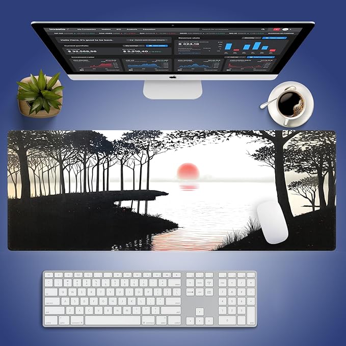 Extended XXL Gaming Mouse Pad with Stitched Edges for PC Home & Office - Mystic Glassy Lake Sunrise Views Dawn Breaks Misty Nature Landscape, Smooth Fabric Surface Anti-Slip Base Large Desk Mat