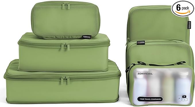 6 Set Compression Packing Cubes for Travel, Large Medium Small Luggage Organizers, Storage Bags for Clothes and Essentials (6 Pack, Forest Green)