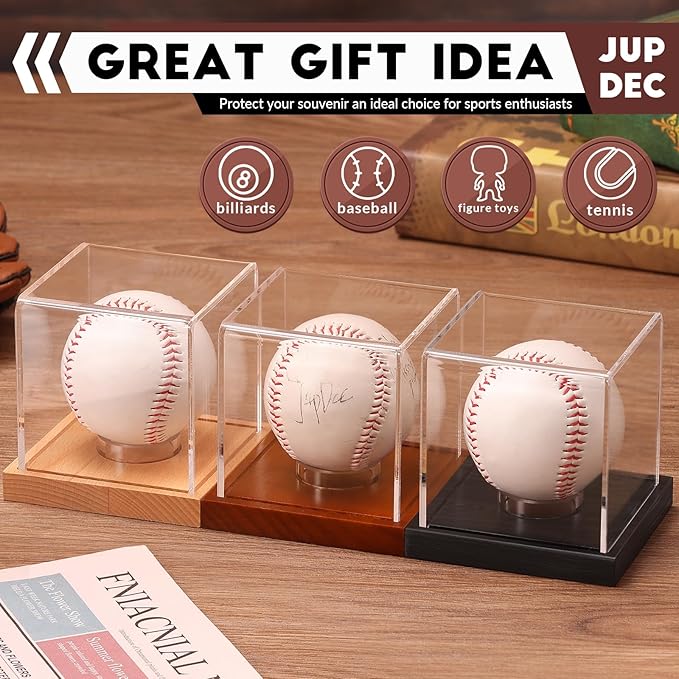 JupDec Baseball Display Case, Clear Cube Baseball Holder with Wooden Base, Autograph Baseball Stand Box for Single Ball, Acacia Wood, Brown, 2 Pack