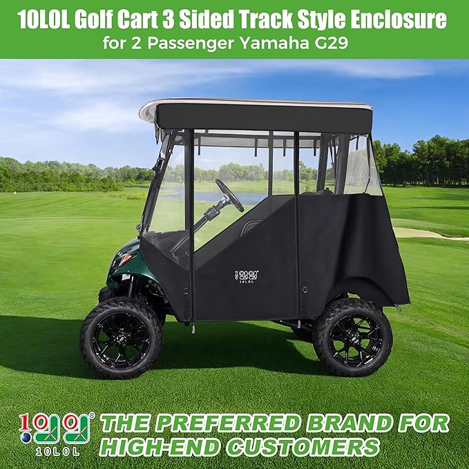 10L0L 3-Sided Track Style Golf Cart Enclosure fit 2 Passenger Yamaha G29 Drive,Waterproof 600D Oxford Cloth Yamaha Rain Cover with Aluminum Pre-Drilled Track,Clear PVC Windshield-Black Valance