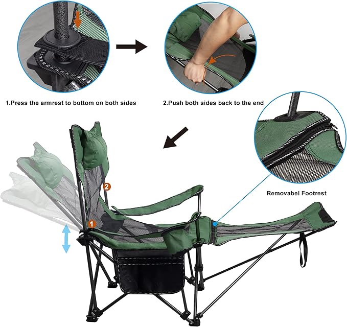 LEADALLWAY Camping Folding Chair with Foot Rest, Collapsible Camp Chair with Cup Holder and Removable Storage Bag, Heavy Duty Beach Chair for Outdoor Camp, Picnic, Travel, Fishing