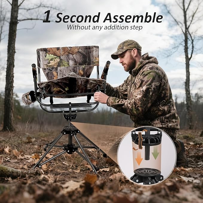 REDCAMP 360° Swivel Hunting Chairs for Ground Blinds, Camo Camping Chairs Portable Folding, Hunting Seats with Hard Arms for Fishing Camping