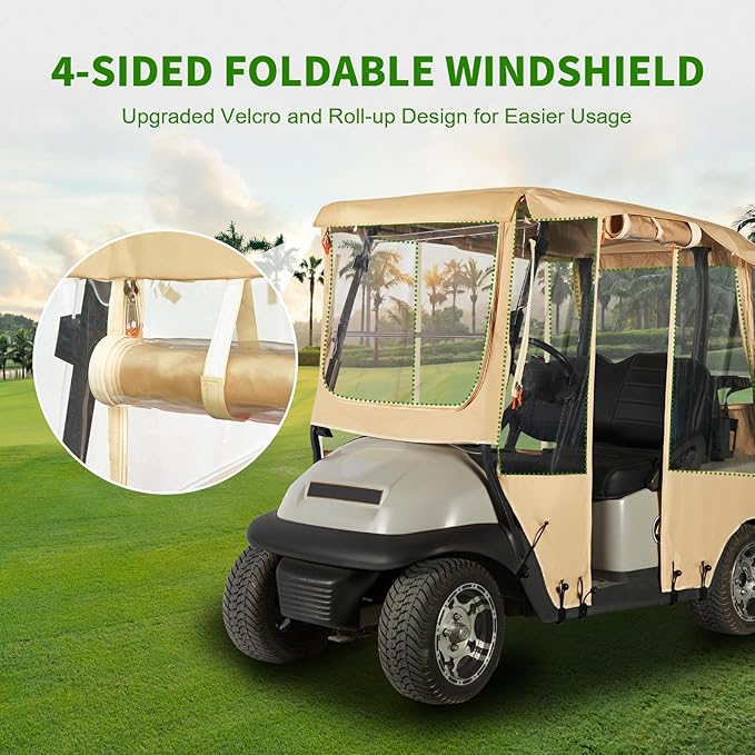 Tecoom Golf Cart Enclosure 2 Passenger, Rain Cover 600D Oxford Waterproof Snowproof, 4 Door Zippers, Clear Windows & 8 Windproof Hooks, Fit for EZGO, Yamaha, Club Car, 59'' Roof Length, Beige