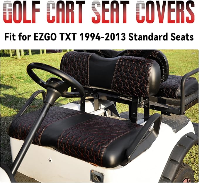 Golf Cart Seat Covers Front for EZGO TXT 1994-2013 Standard Seat Cushion, EZGO Vinyl Leather Seat Cover Set Replacement Accessories, No Staples, Black(4 PCS)