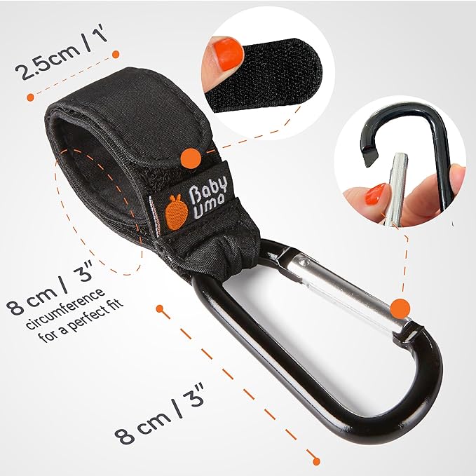 Baby Uma Baby Stroller Hooks for Bags - 4-Pack of Stroller Clips for Diaper Bag, Carry 11 lbs per Stroller Carabiner Clip, Adjustable Stroller Straps, Bag Hook, Universal Stroller Accessories