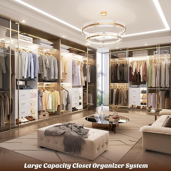 Aheaplus Closet System, Closet Organizer with 3 Wooden Drawers, 8FT Closet Organizer System, 96’’ Walk-in Closet Wardrobe Clothes Rack with Hanging Rods, Garment Rack, Fits 5.3-9 ft, -W3,White