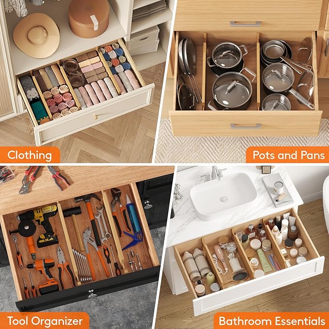 Lifewit 8 Pack 5" Deep Bamboo Drawer Dividers, 17.5-22" Expandable Drawer Organizers for Clothes, Adjustable Dresser Drawer Divider, Clothing Drawer Separators for Dresser, Bedroom, Bathroom, Kitchen