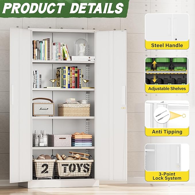 Greenvelly Metal Storage Cabinet with 2 Doors and 4 Adjustable Shelves,72" White Metal Cabinet,Steel Cabinet Locking Cabinets with 2 Keys for Office,Home, Garage, Gym, School