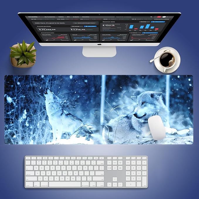 Wknoon. Extra Large Gaming & Office Mouse Pad (31.5" x 11.8") – Wolf Howling in The Snow Winter, Wolves Premium XXL Desk Mat with Durable Stitched Edges & Smooth Fabric Surface & Anti-Slip Base