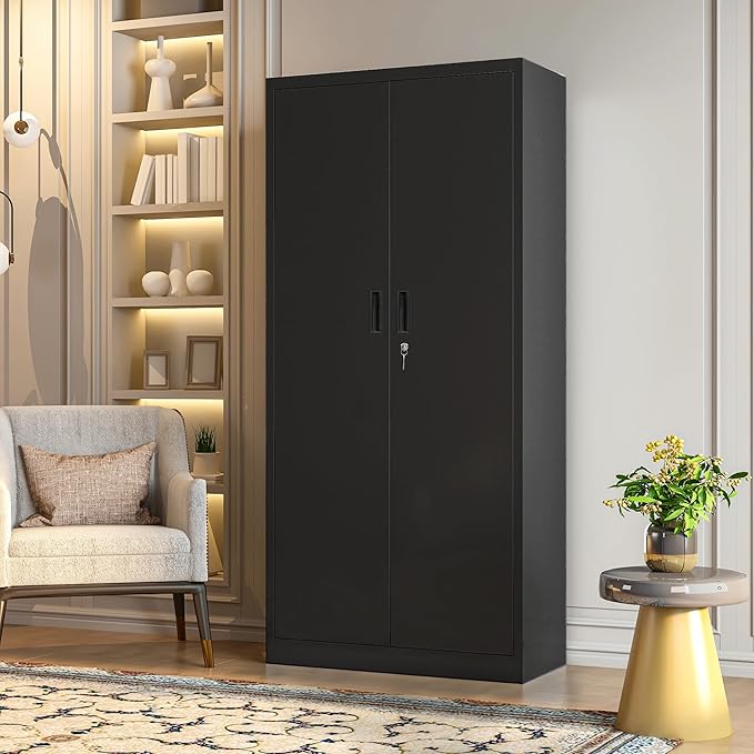 CJF Metal Storage Cabinet, 72" H Locking Storage Cabinet with Adjustable Shelves, Steel Cabinets for Garage, Office, Home, School-Black
