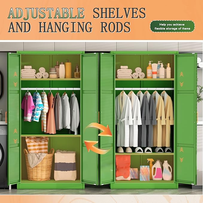 Greenvelly Metal Wardrobe Cabinet with Wooden Handle, 72" Metal Wardrobe Closet with Hanging Rods and Adjustable Shelves, Clothing Storage Closet Cabinet for Home, Office, Employee, Gym (Green)