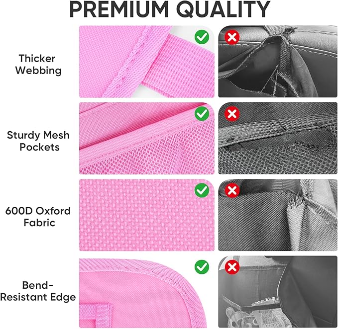 BALEINE Backseat Car Organizer, Back Seat Car Organizers and Storage, Kick Mats Back Seat Protector, Travel Accessories for Most Automotive (2 Pack, Pink)