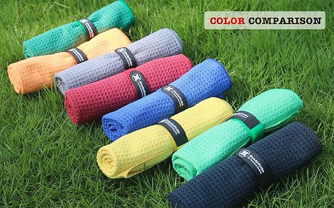 Handy Picks Microfiber Golf Towel (16" X 16") with Carabiner Clip, Waffle Pattern Golf Towel Hook and Loop Fastener - The Convenient Golf Cleaning Towel
