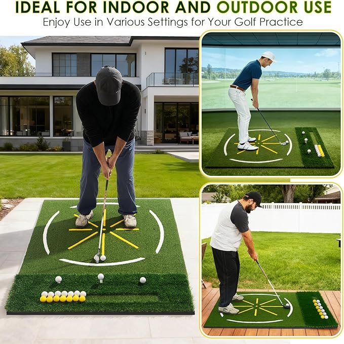 Golf Mat with Dual Turf, 5x4ft Thickened Golf Hitting Mat with Standing Guide-Line & Swing Path Line, Practice Mats for Indoor or Outdoor Use, Gifts for Men Dad & Golfers