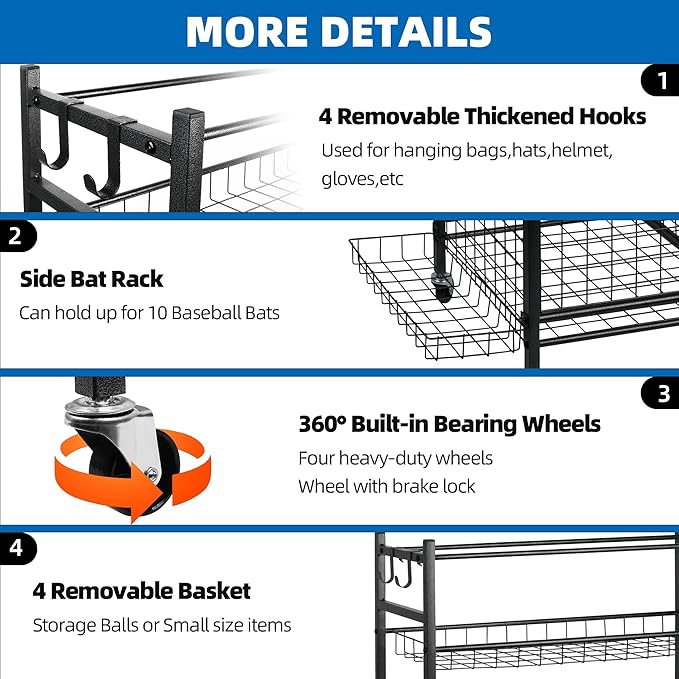 Garage Sports Equipment Organizer, Ball Storage Rack,Garage golf Organizer with Basket and Hooks,Rolling Sports Ball Storage Cart for Toy Gear Storage (45.71 inch)