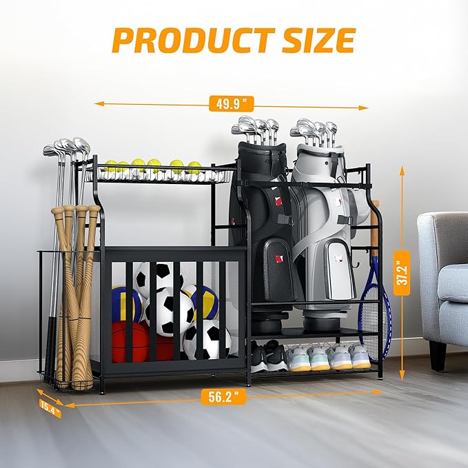 PLKOW Sports Equipment Organizer Rack, Garage Ball Rack, 2 Golf Bag Storage and Sports Gear Organizer for Garage