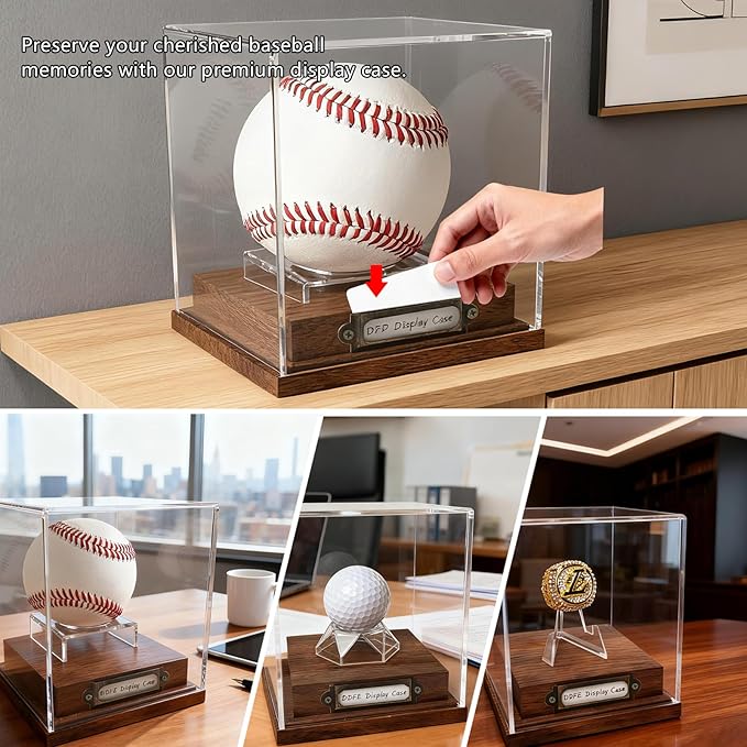 Baseball Display Case - Clear Cube Baseball Holder with Walnut Wood Base,Memorabilia Autograph Stand Box for Single Ball,Ideal Gift for Collector & Sports Enthusiast(1 Pack Baseball)
