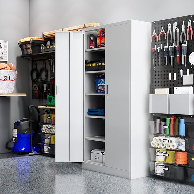 CJF Metal Storage Cabinets with 5 Adjustable Shelves, 71" H Locking Storage Cabinet for Garage, Office, School - White
