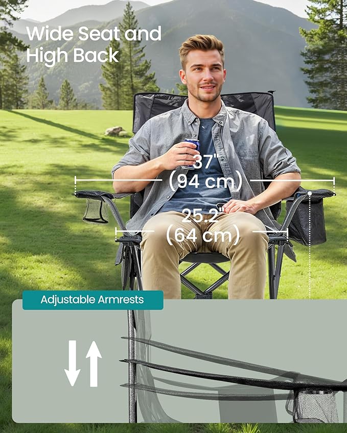 SONGMICS Camping Chair, Folding Lawn Chair with Cooler Bag, 352 lb Weight Capacity, Adjustable Armrests with Cup Holder, Storage Bag, Breathable Nylon Mesh, for Sports Games, Ink Black UGCB060B01