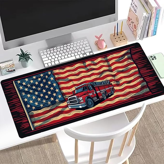 Fire Truck Gaming Mouse Pad, Office Desk Mat, Anti-Slip Rubber Base Cool Aesthetic Mouse Pads for Computer Laptop Keyboard School Home Desktop Gamer Home Accessories Decor 31.5" x 11.8"