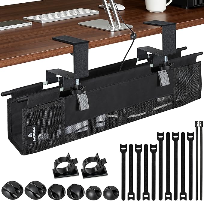 Under Desk Cable Organizer with Mesh Slot for Ventilation, Quick Mount with Clamp or Screws to Hold Fabric Cable Tray, Kit for Tidy Cord & Wire Management for Home Office Standing Desk