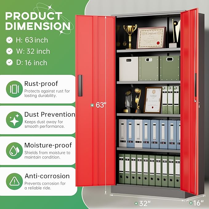 INTERGREAT Metal Storage Cabinet with Lock, 63" H Metal Cabinets Storage with 2 Doors and 4 Adjustable Shelves, Locking Garage Cabinet for Home Office, Kitchen, Bathroom (Black Red)