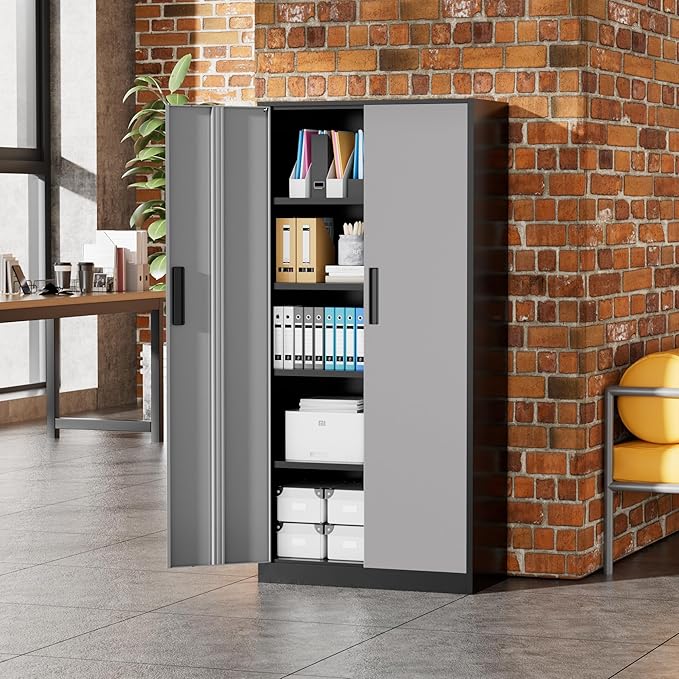 Greenvelly Metal Garage Storage Cabinet, 72" Black Gray Tool Steel Locking Cabinet with Doors and 4 Shelves, Tall Cabinets for Garage Storage Systems Lockable File Cabinet for Home Office,Garage