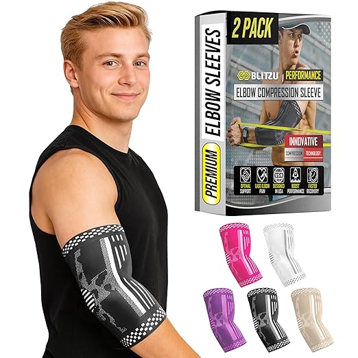BLITZU Elbow Compression Sleeve for Tendonitis 2 Pack, Tennis Elbow Brace Support for Men and Women Golfers Elbow Pain Relief, Arthritis, Bursitis, Arm Brace for Workout, Weightlifting Black S