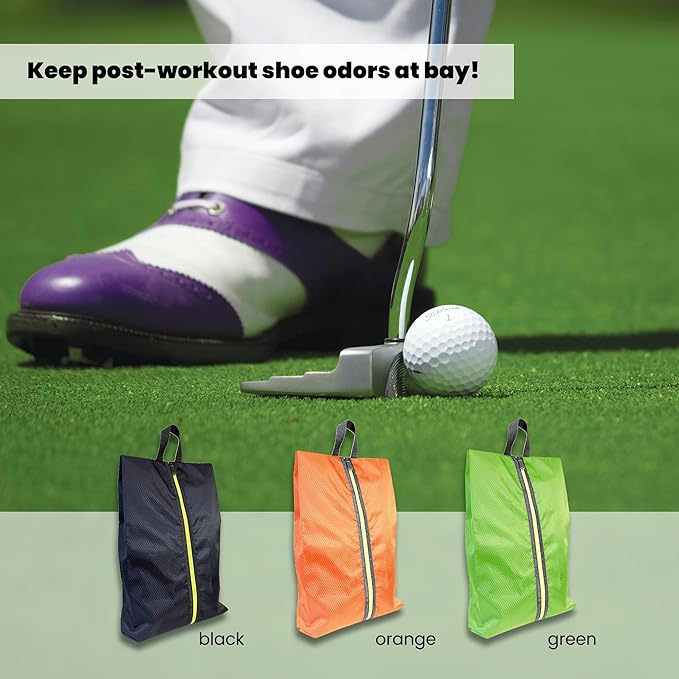 Golf Smell Proof Shoe Bag Lightweight Waterproof Zippered Sport Shoe Carrier Bags Golf Soccer Shoe Storage Organizer for Gym Sports Travel Work Golf Aceesories (Black, US size 14)