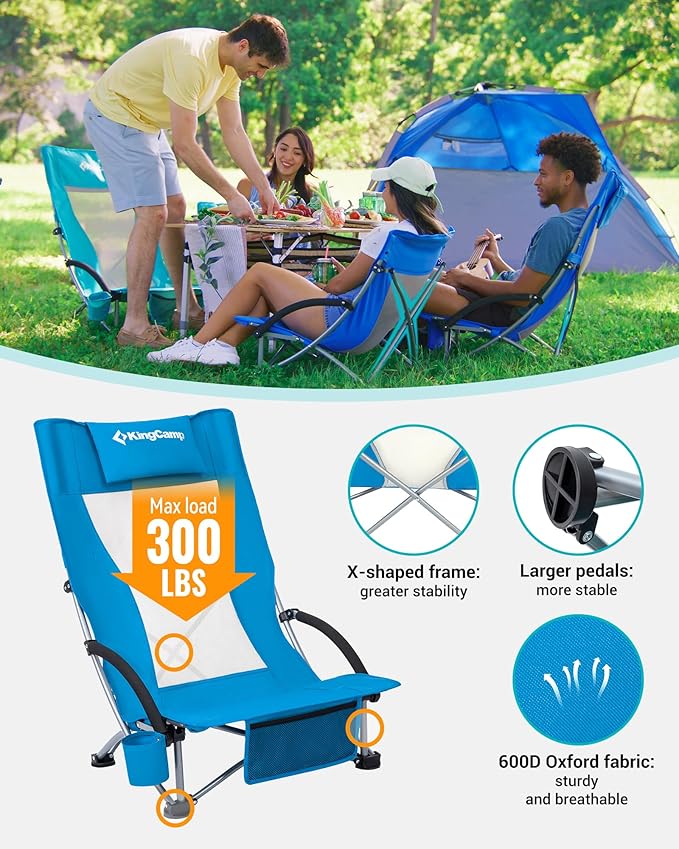 KingCamp Low Beach Chairs, Folding Portable Chair for Adults Lightweight Extra Wide Seat 300lbs Heavy Duty Oversized Backpack, Carry Bag for Camping